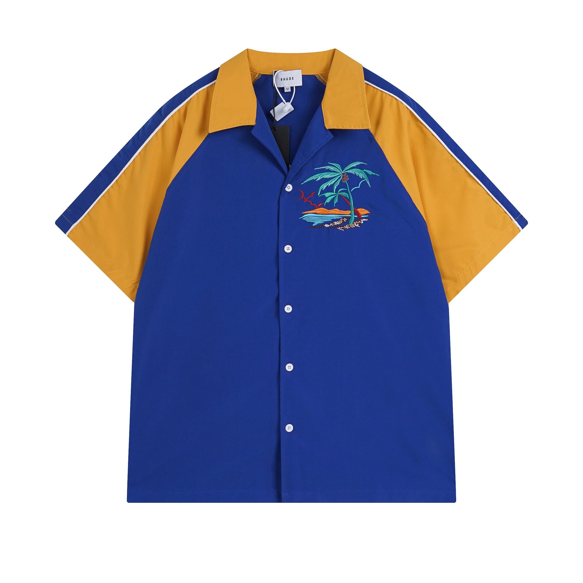 Rhude Shirts Embroidered Palm Tree Color-Block Short-Sleeve Shirt — A 02 Blue shirt