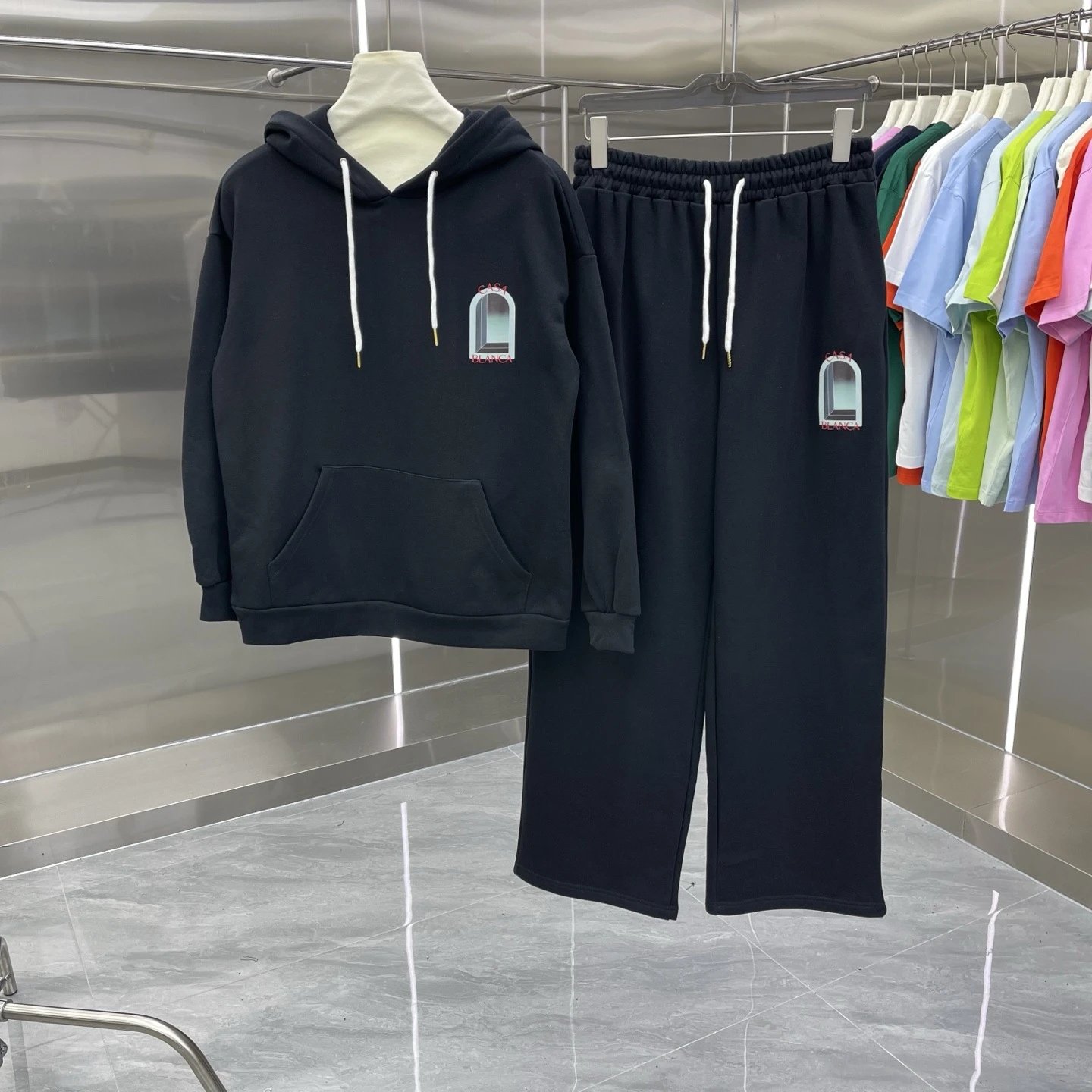 Casablanca Matching Sets Hooded sweatshirt and wide-leg sweatpants set with graphic print — Set -08 Black