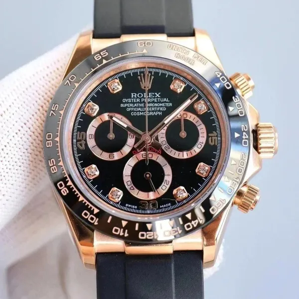 Rolex Daytona Everose Gold Black Dial Diamond Hour Markers Chronograph Watch Watches - 1