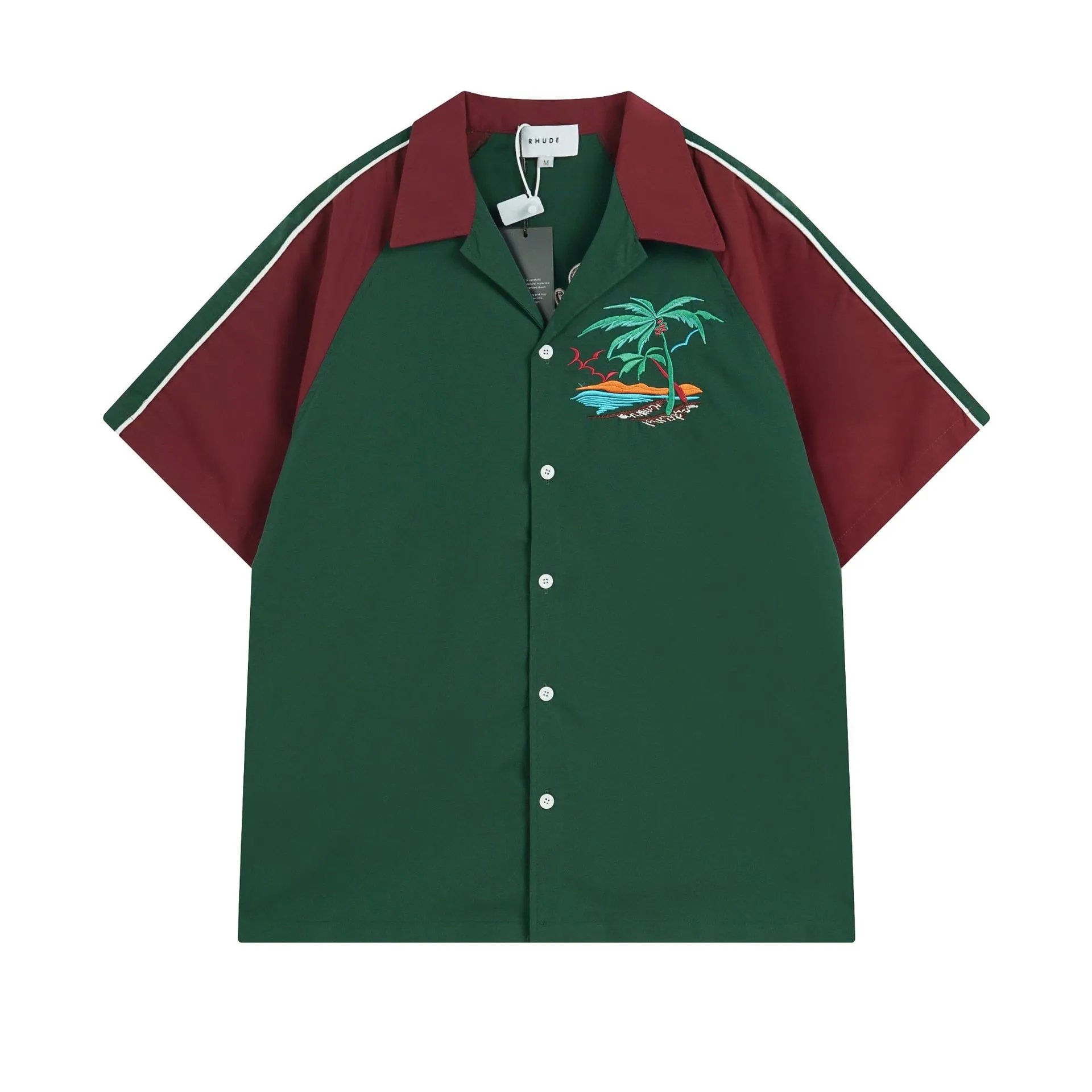 Rhude Shirts Embroidered Palm Tree Color-Block Short-Sleeve Shirt — A 03 Shirt green