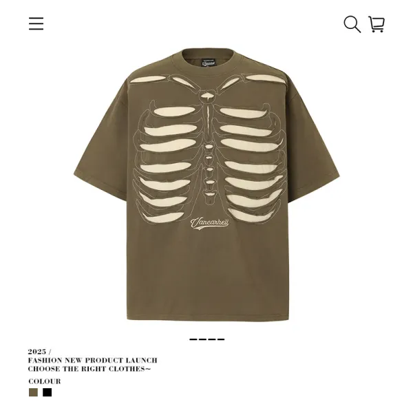 Design Vanearell Ribcage Skeleton Print Olive Green T-Shirt T-Shirts - 1