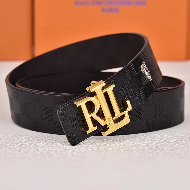 R&L Belts LZ-1 embossed monogram belt with RL buckle — square grain gold