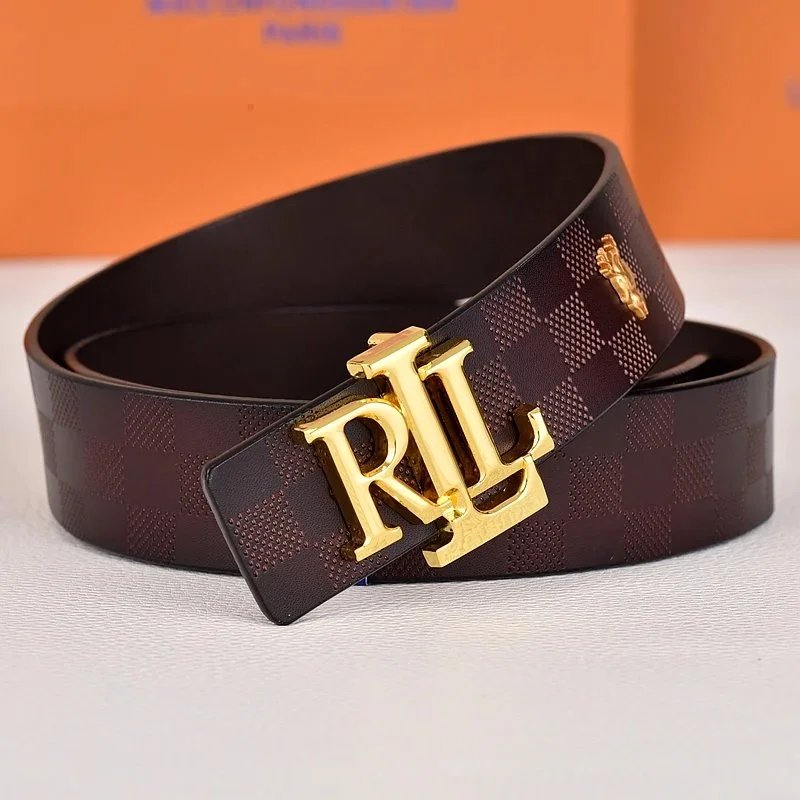 R&L Belts LZ-1 embossed monogram belt with RL buckle — dark gold