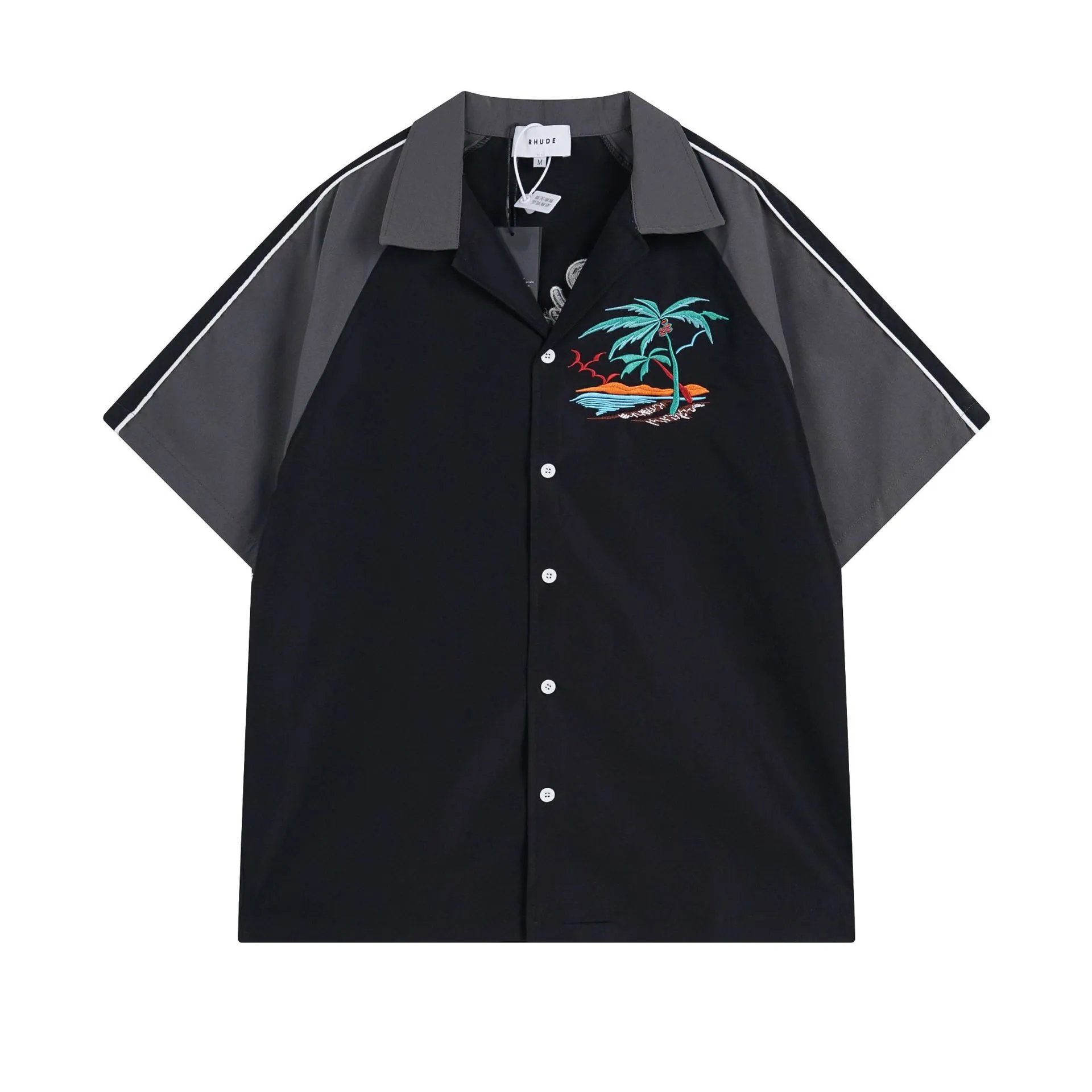 Rhude Shirts Embroidered Palm Tree Color-Block Short-Sleeve Shirt — A 04 Black shirt