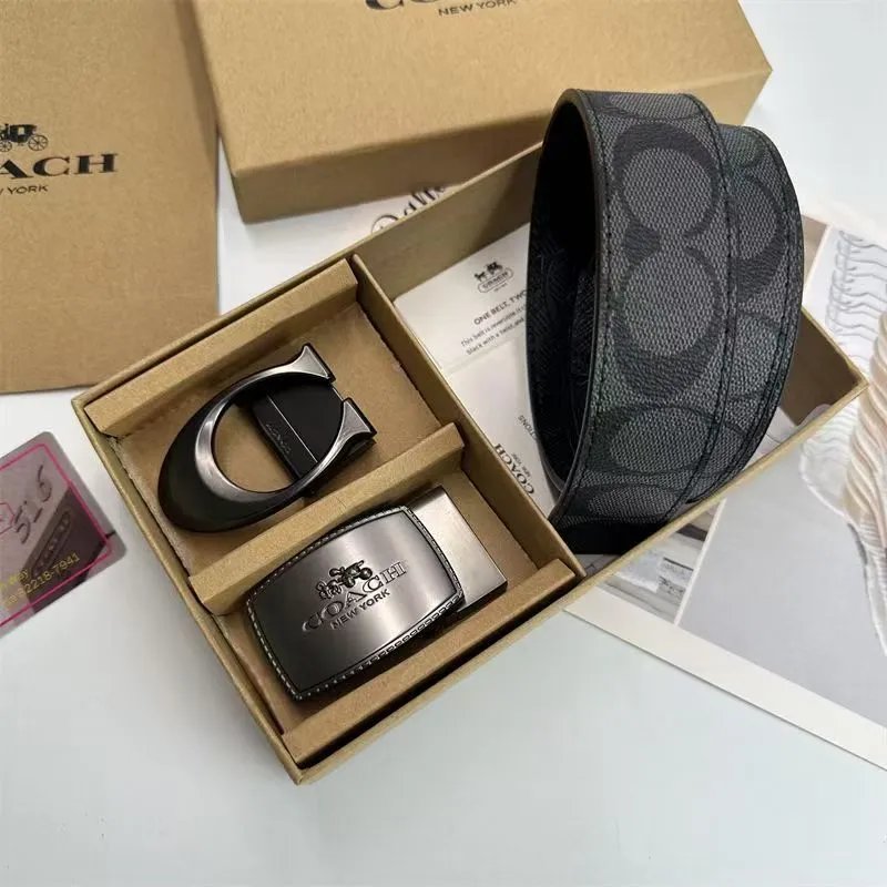 Coach Belts Reversible Signature C Pattern Belt with Interchangeable Buckles — Presbyopic black style C- clasp carriage buckle