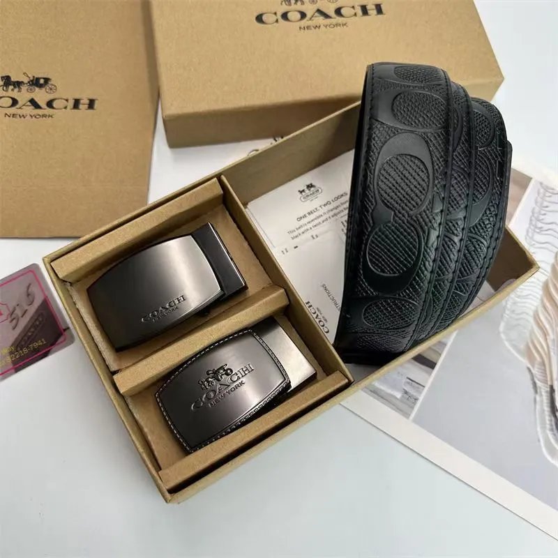Coach Belts Reversible Signature C Pattern Belt with Interchangeable Buckles — Embossed letter buckle, carriage buckle