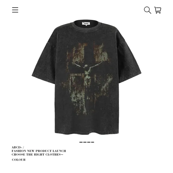 Design Crucifixion Print Acid Wash Oversized T-Shirt Black - 1