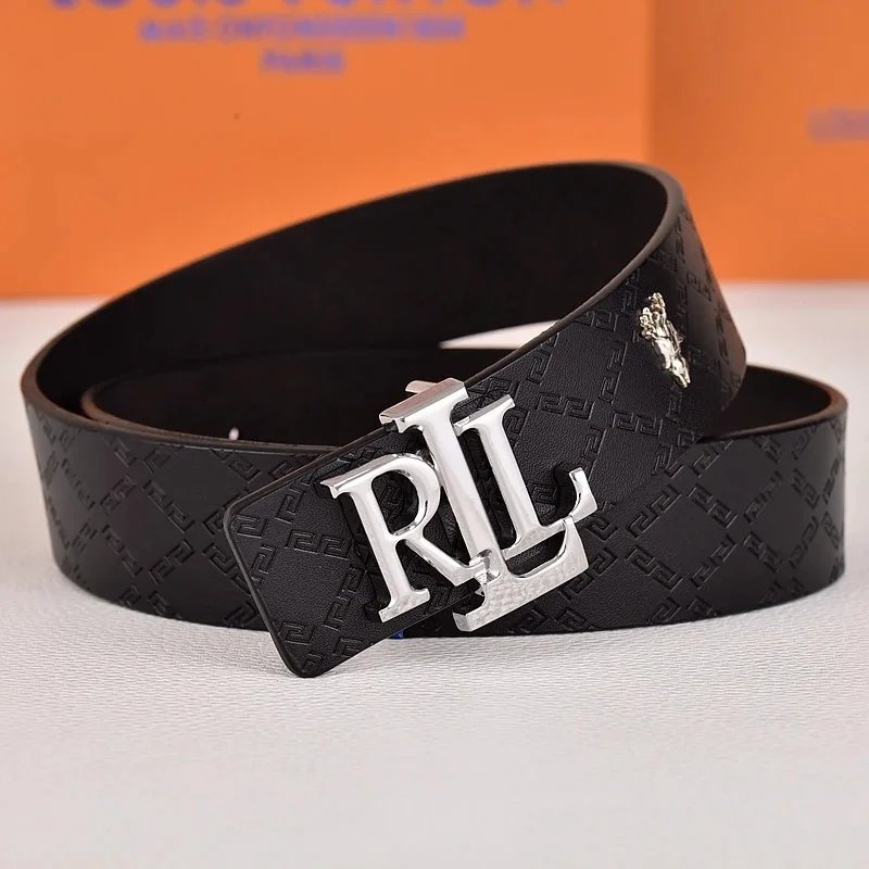 R&L Belts LZ-1 embossed monogram belt with RL buckle — Lock grain silver