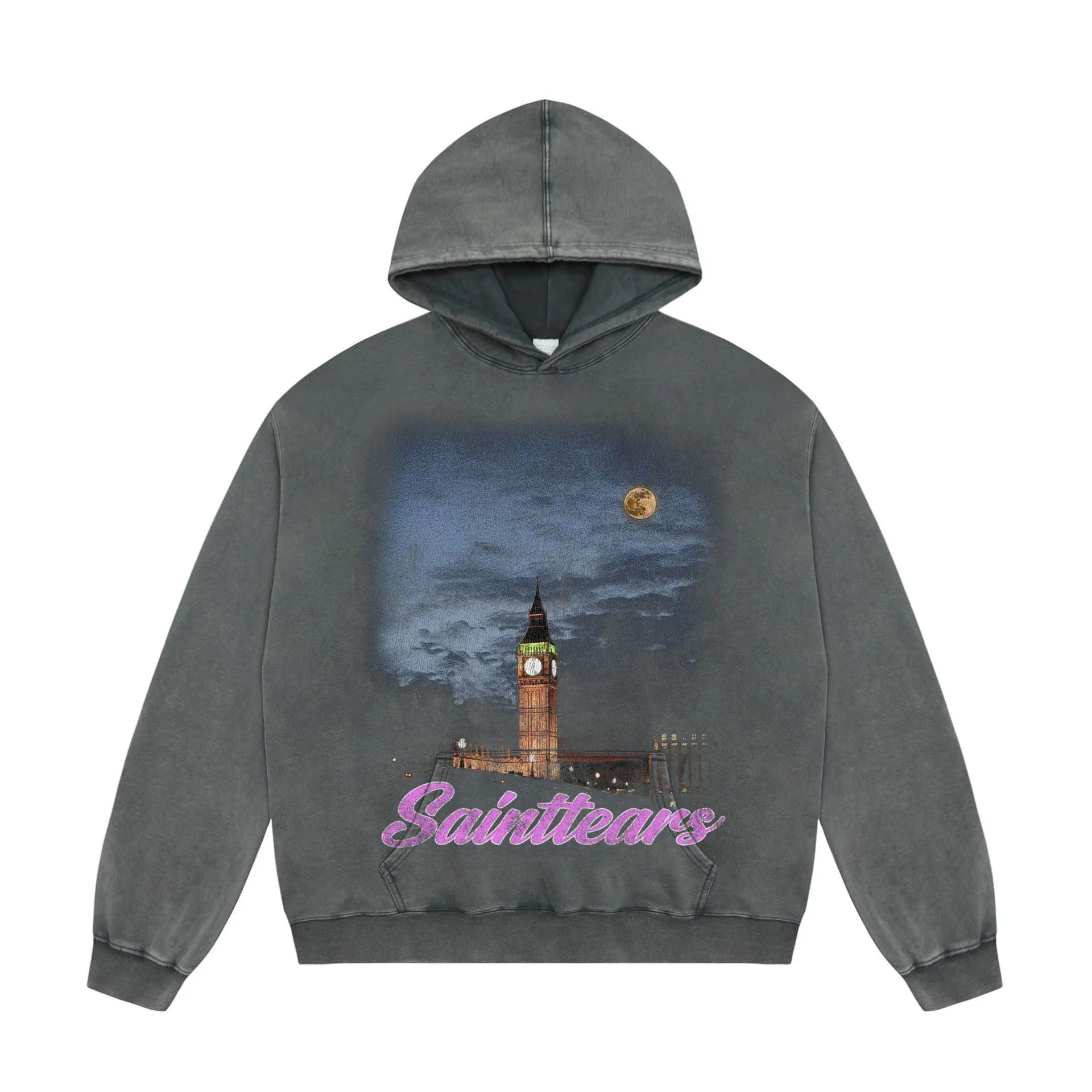 Unbranded Hoodies & Sweatshirts Washed Graphic Print Pullover Hoodie — A 717 Washed gray