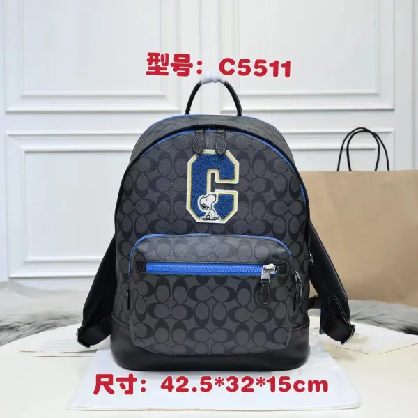 Coach x Peanuts Snoopy C5511 Signature Canvas Backpack in Charcoal Gray with Blue Accents - 3