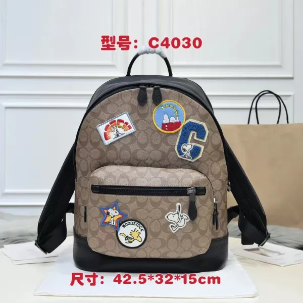 Coach x Peanuts Snoopy C5511 Signature Canvas Backpack in Charcoal Gray with Blue Accents - 4