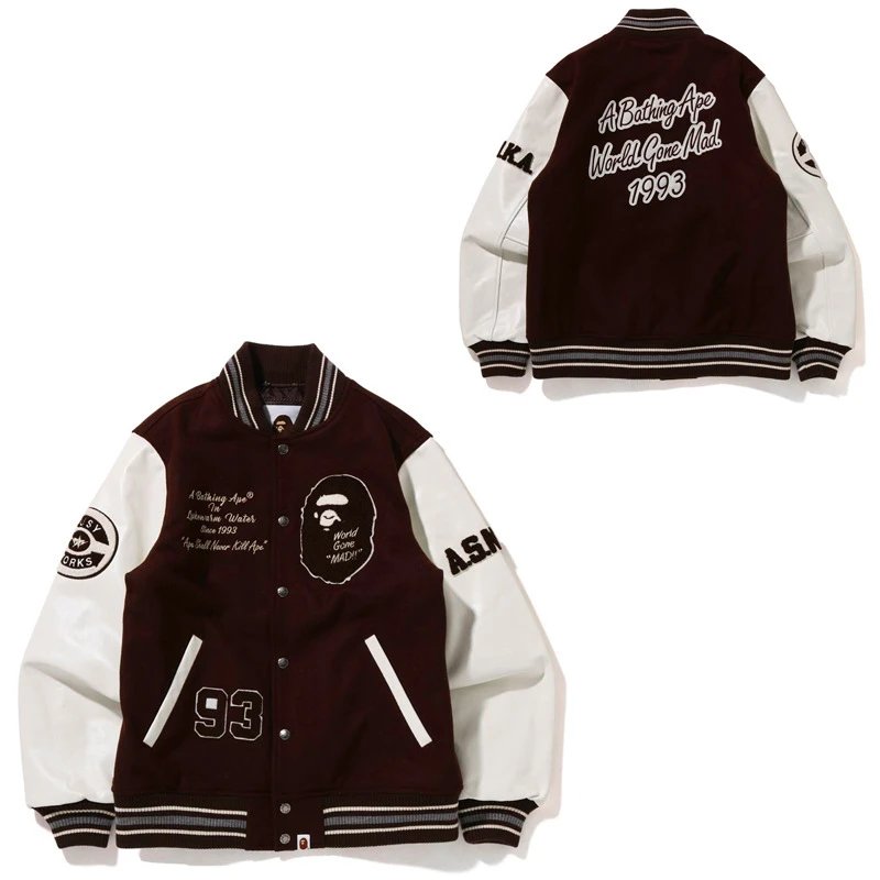 A Bathing Ape World Gone Mad 1993 Varsity Jacket Burgundy Outerwear