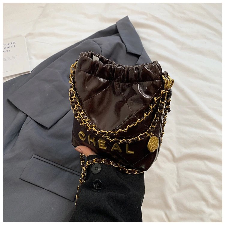 Chanel CHEAL Bucket Bag Black Patent Leather Chain Strap Handbags - 36