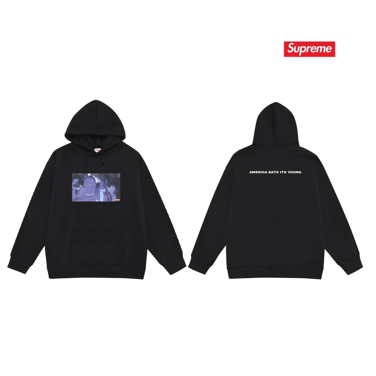 Supreme Hoodies & Sweatshirts Hooded sweatshirt with Stüssy graphic and kangaroo pocket — 2246 Black with fleece lining