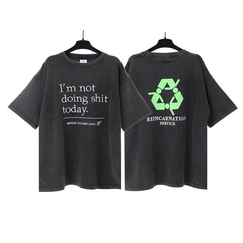 Vetements T-Shirts Washed graphic logo print — Wash water black slogan embroidery 7039