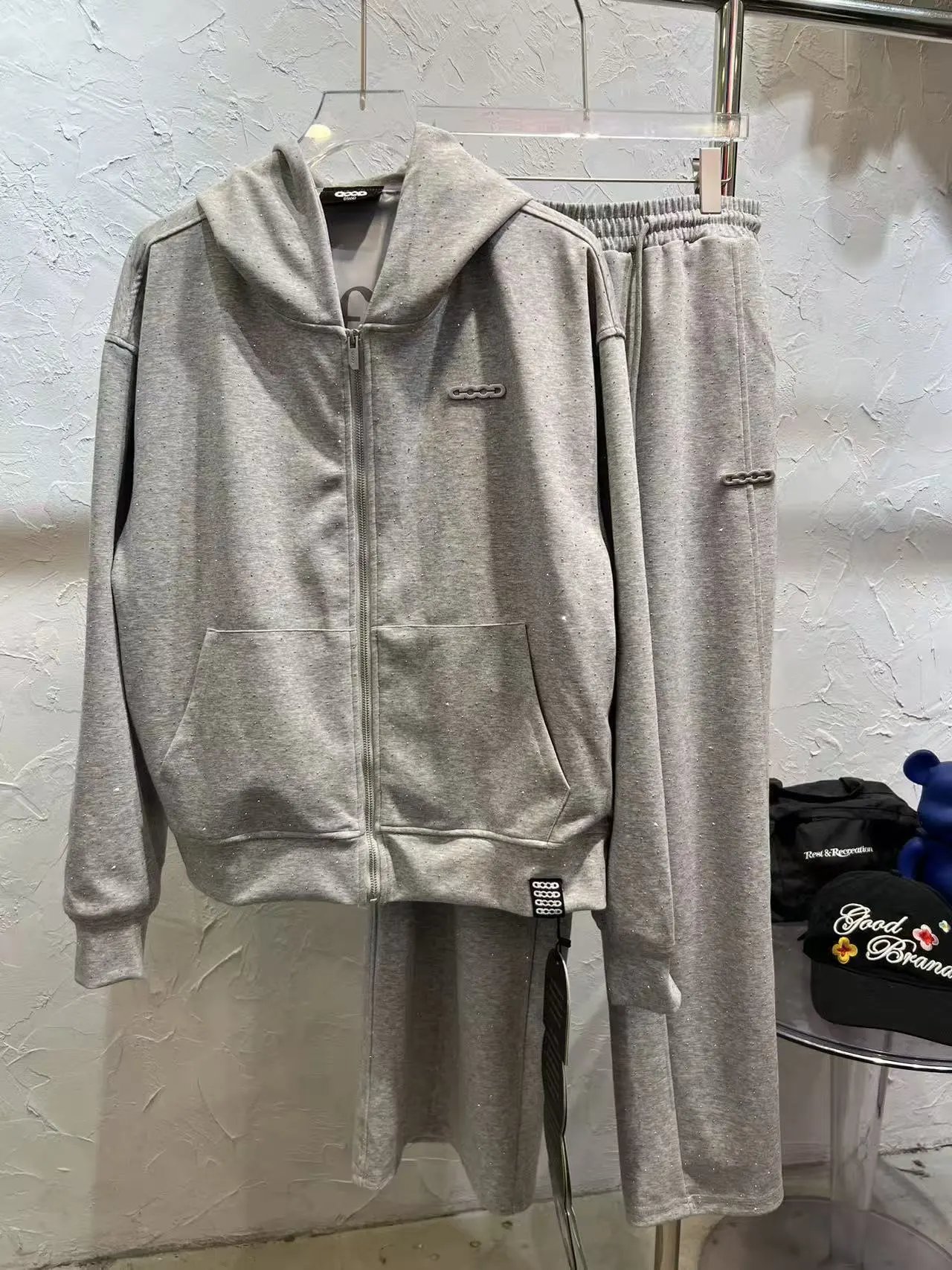 Good Brand Hoodies & Sweatshirts Rhinestone Graphic Sweatshirt Collection — 27 Gray jacket