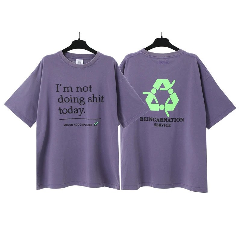 Vetements T-Shirts Washed graphic logo print — Washing water purple slogan embroidery 7039