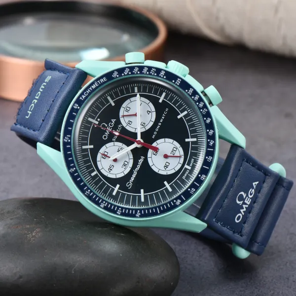 Omega Speedmaster Moonwatch Chronograph Mint Green and Navy Leather Strap Watch Watches - 1