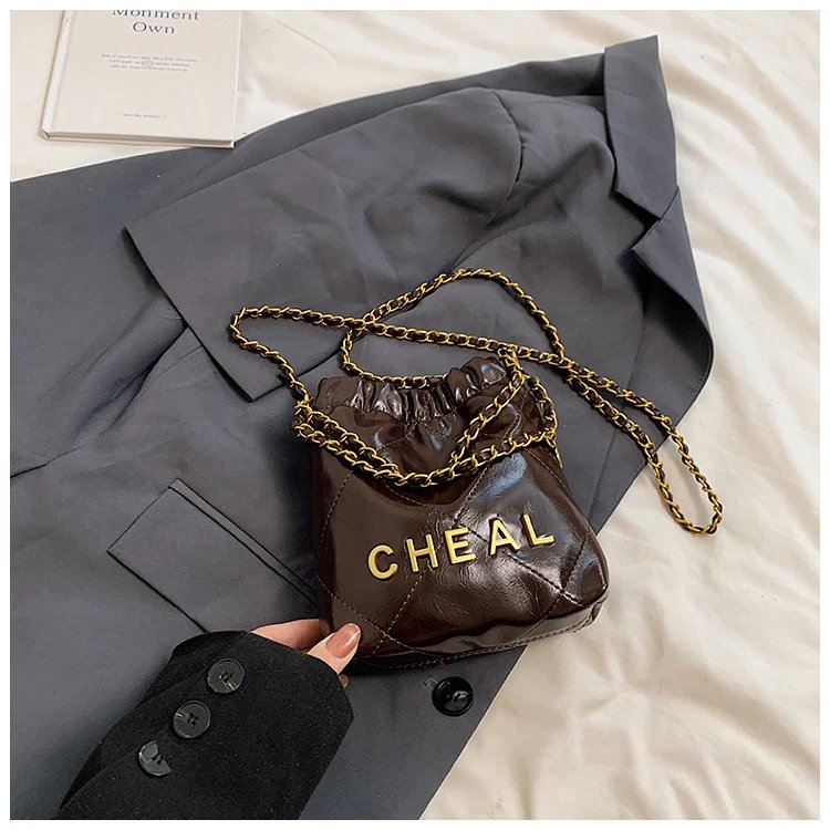 Chanel CHEAL Bucket Bag Black Patent Leather Chain Strap Handbags - 2