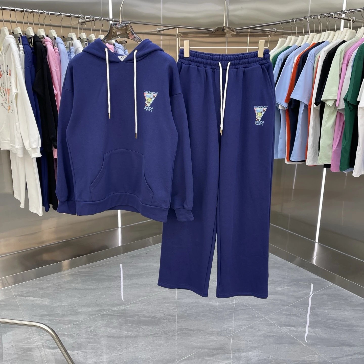 Casablanca Matching Sets Hooded sweatshirt and wide-leg sweatpants set with graphic print — Set-02 Royal blue