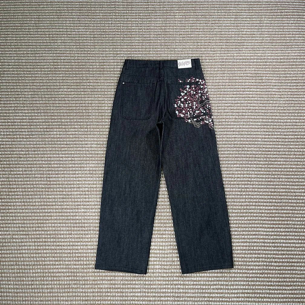 Derschutze Jeans Embroidered wide-leg — Cherry Blossom/Black Pants】