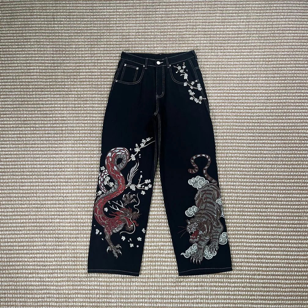 Derschutze Jeans Embroidered wide-leg — Dragon and Tiger Embroidery [Trousers】