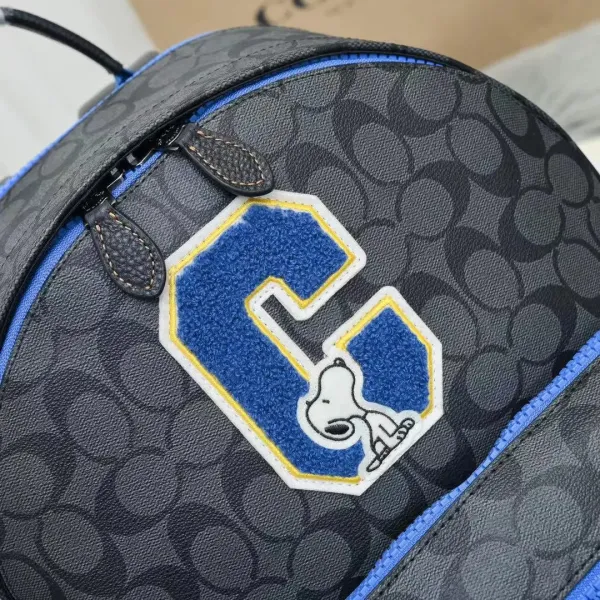 Coach x Peanuts Snoopy C5511 Signature Canvas Backpack in Charcoal Gray with Blue Accents - 7