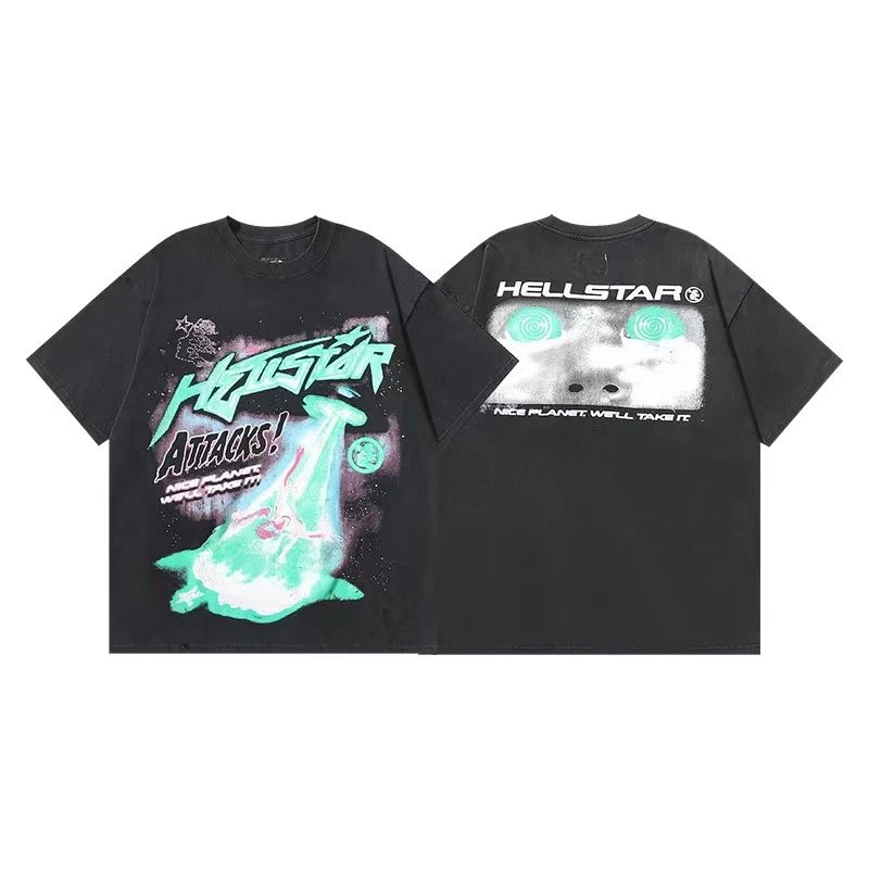 Hellstar T-Shirts Graphic Crewneck T-Shirt — 618 Washed old black