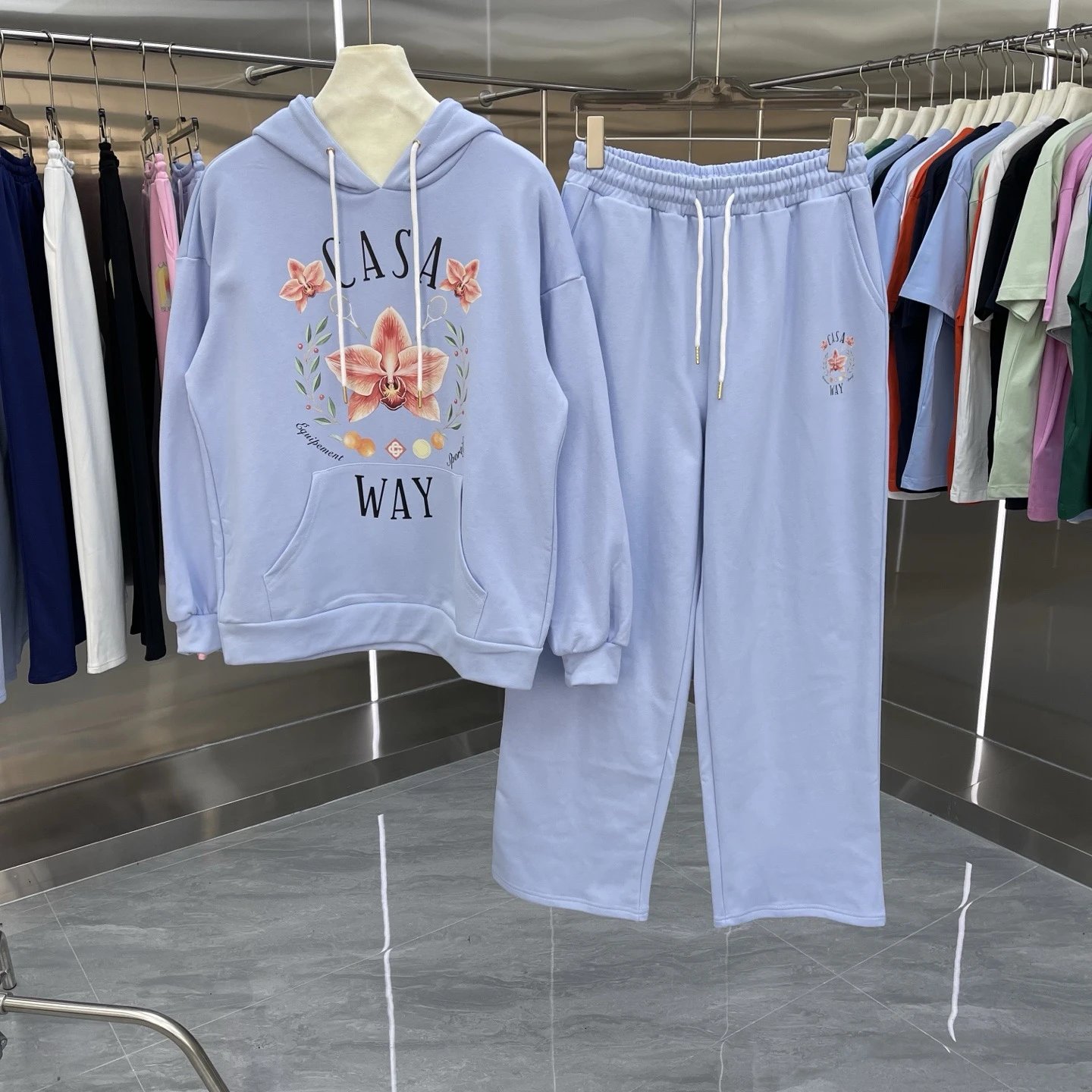 Casablanca Matching Sets Hooded sweatshirt and wide-leg sweatpants set with graphic print — Set-03 Blue