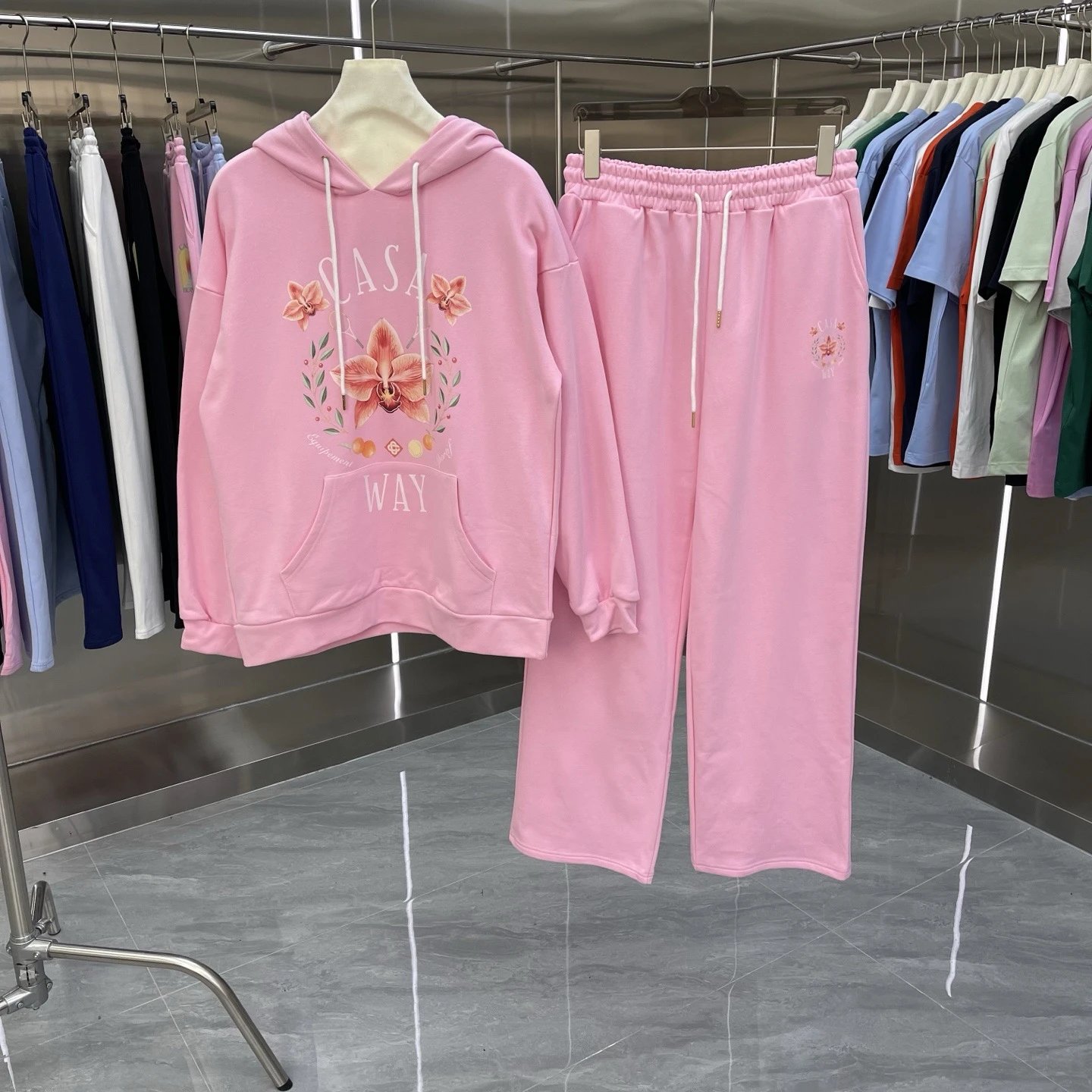 Casablanca Matching Sets Hooded sweatshirt and wide-leg sweatpants set with graphic print — Set-03 Pink