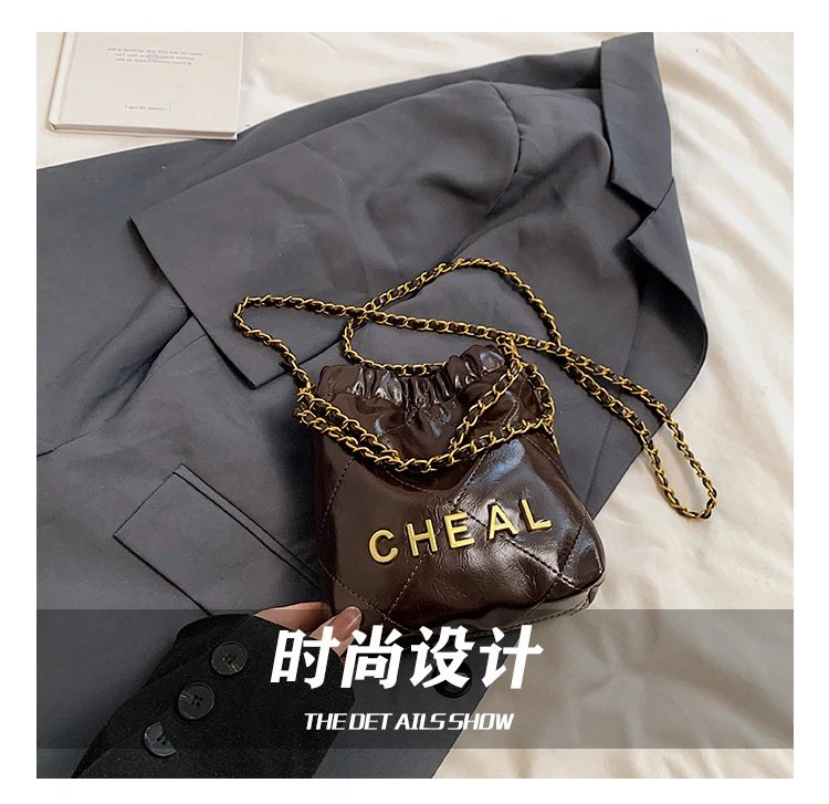 Chanel CHEAL Bucket Bag Black Patent Leather Chain Strap Handbags - 8