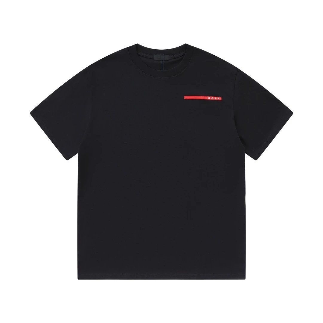 Prada T-Shirts Crew-neck T-shirt with triangular logo plaque — Black with a three-dimensional red adhesive strip on the chest