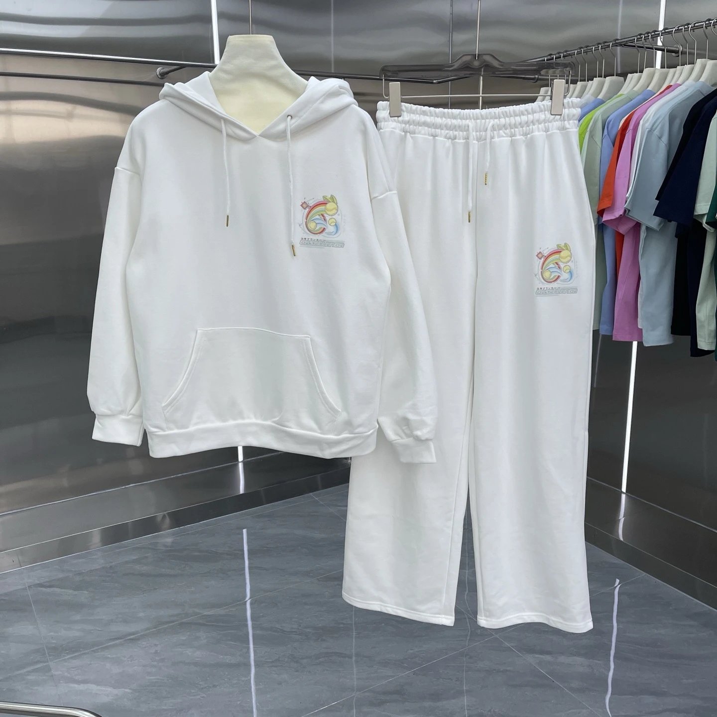 Casablanca Matching Sets Hooded sweatshirt and wide-leg sweatpants set with graphic print — Set-07 white
