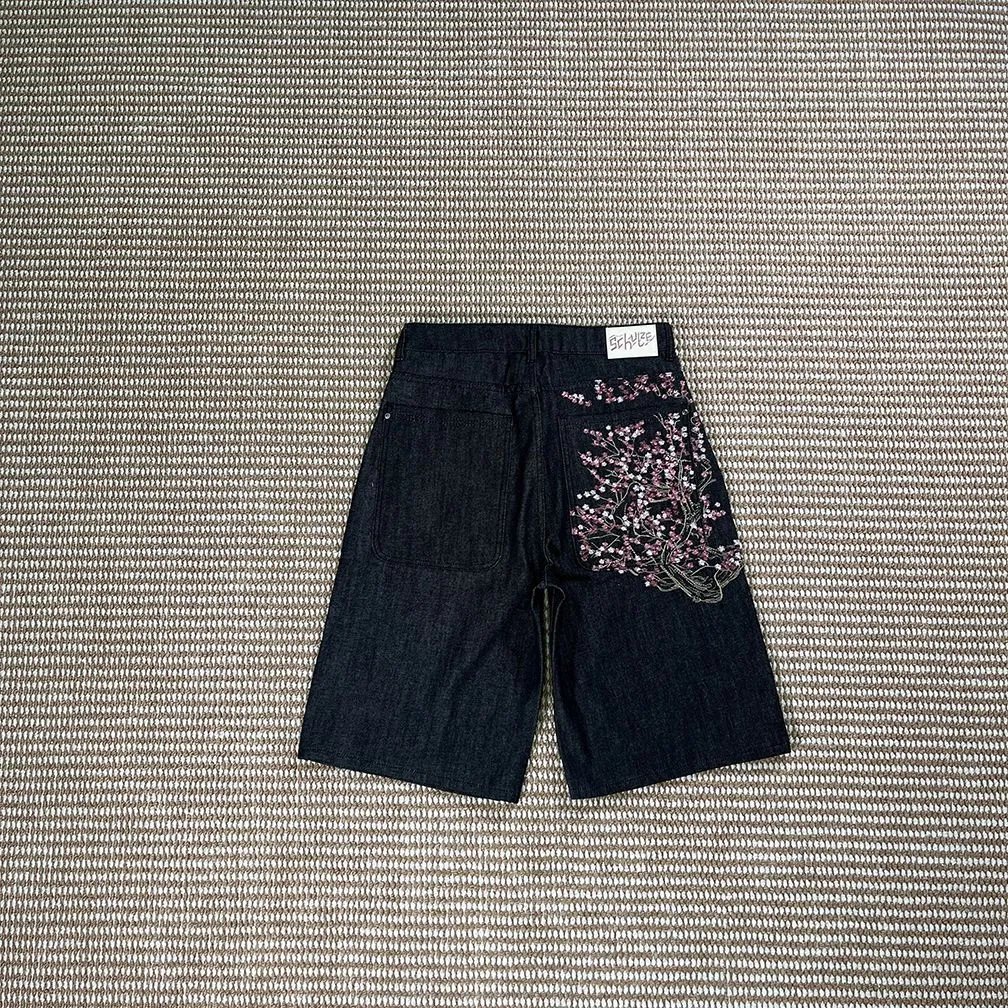 Derschutze Jeans Embroidered wide-leg — Cherry Blossom/Black [Shorts】