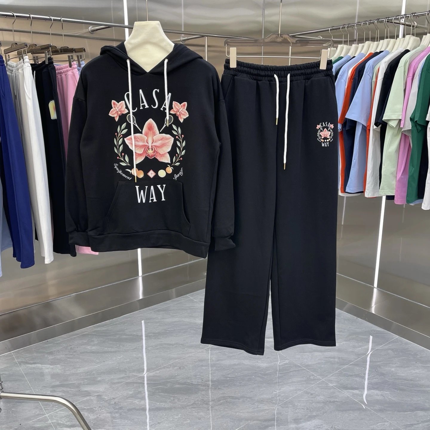 Casablanca Matching Sets Hooded sweatshirt and wide-leg sweatpants set with graphic print — Set -03 Black