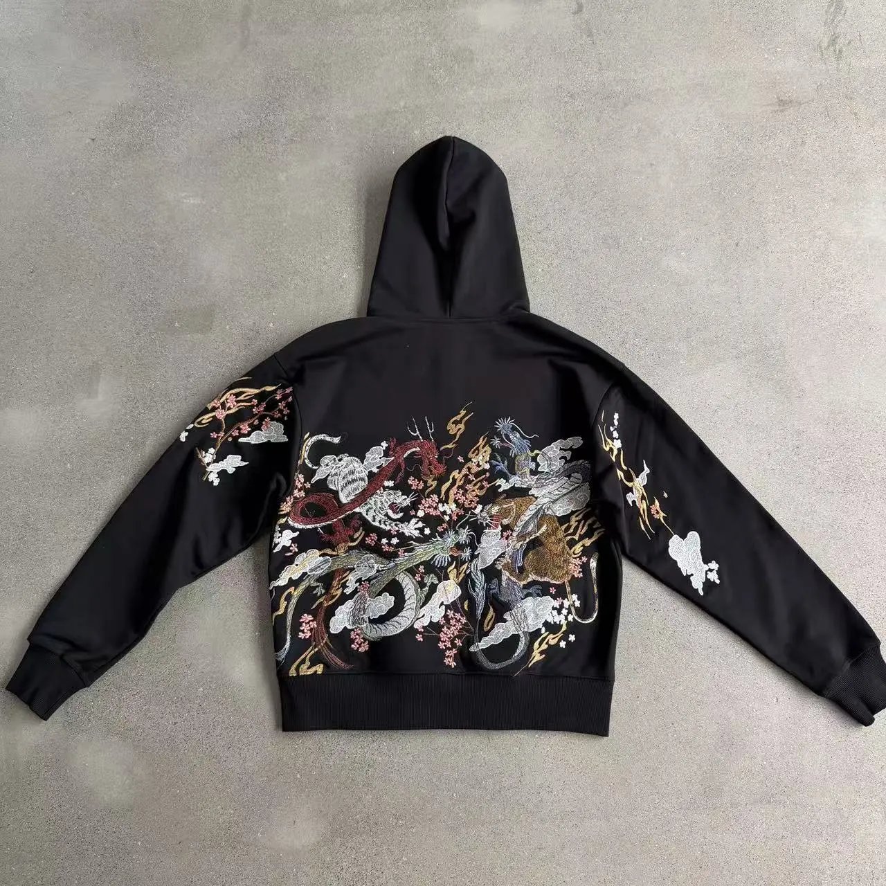 Unbranded Hoodies & Sweatshirts Embroidered Floral — Classic of Mountains and Seas Zip Hoodie / Black