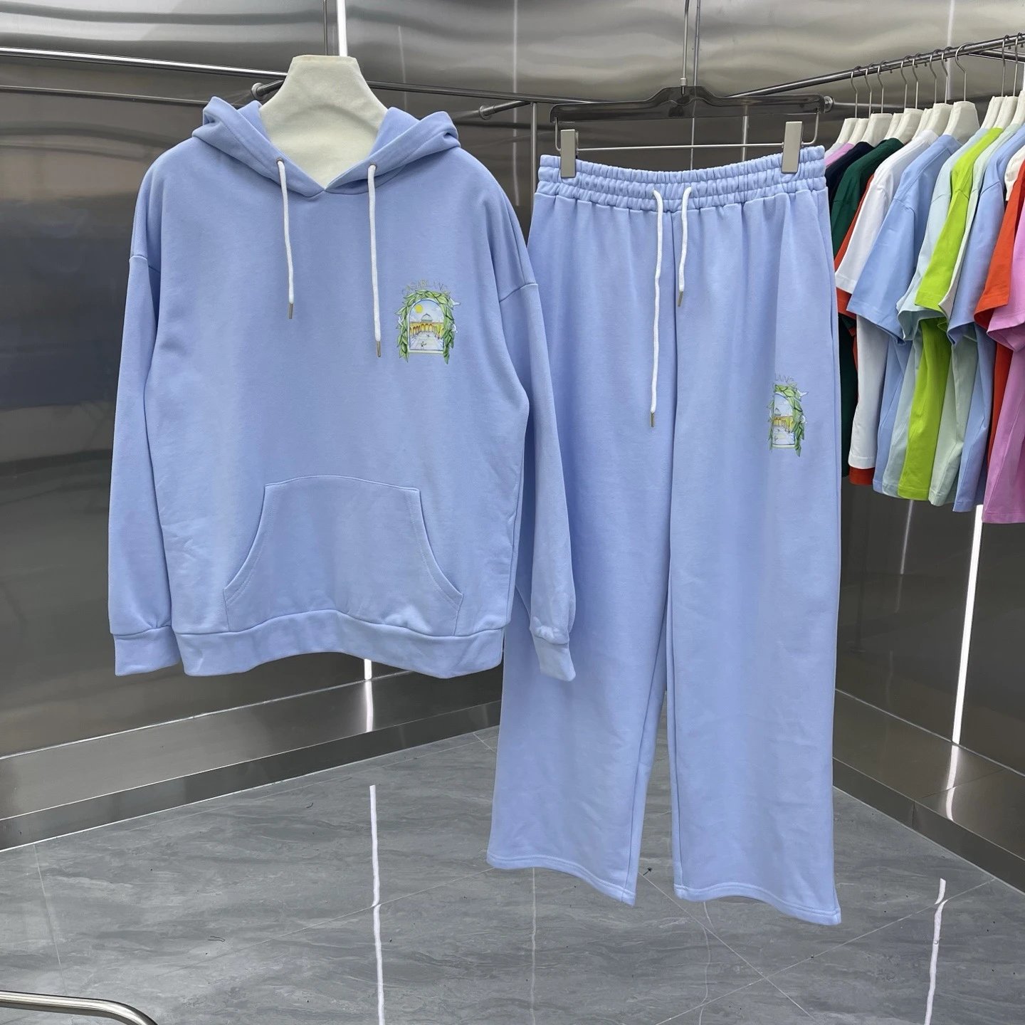 Casablanca Matching Sets Hooded sweatshirt and wide-leg sweatpants set with graphic print — Set-09 Blue