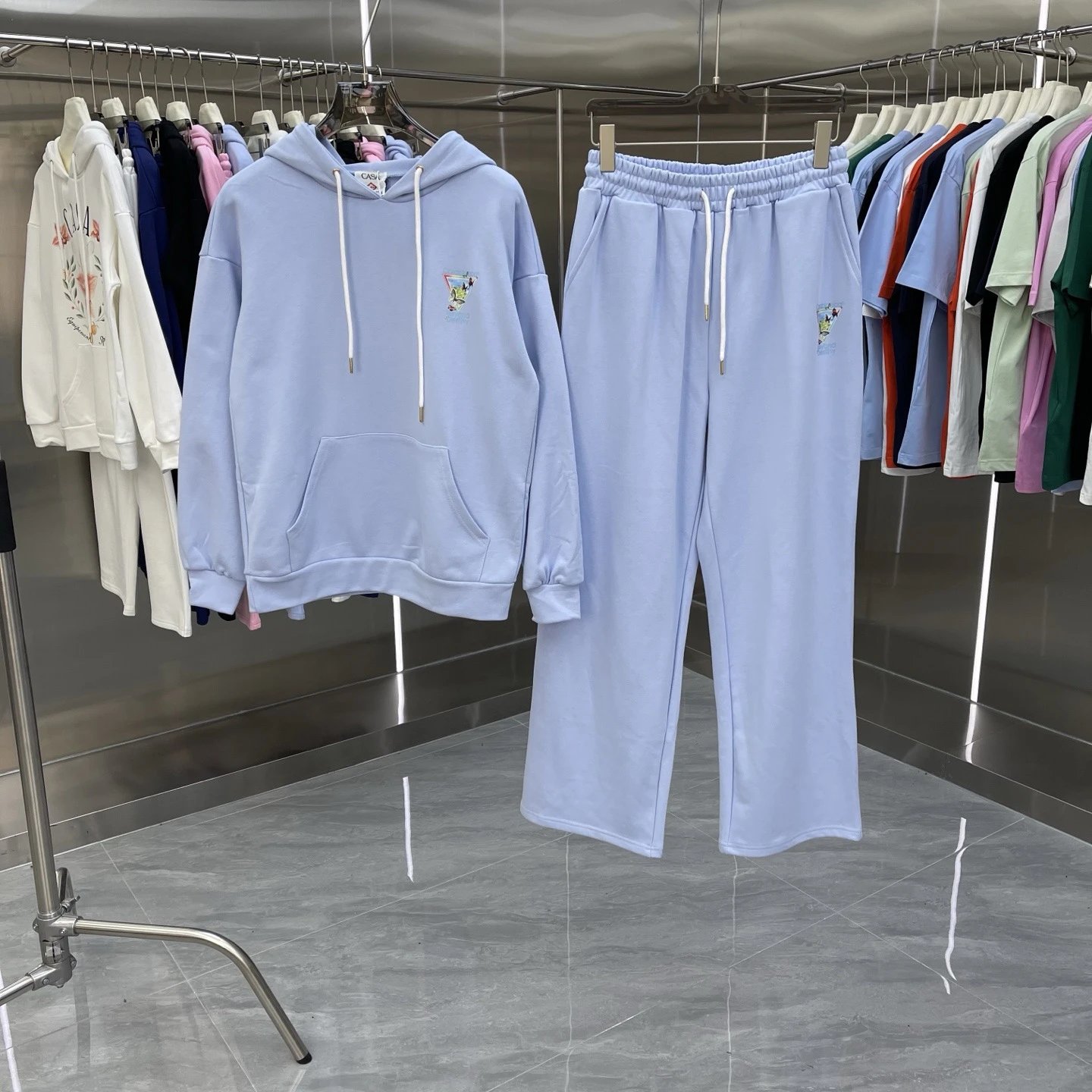 Casablanca Matching Sets Hooded sweatshirt and wide-leg sweatpants set with graphic print — Set-02 Blue