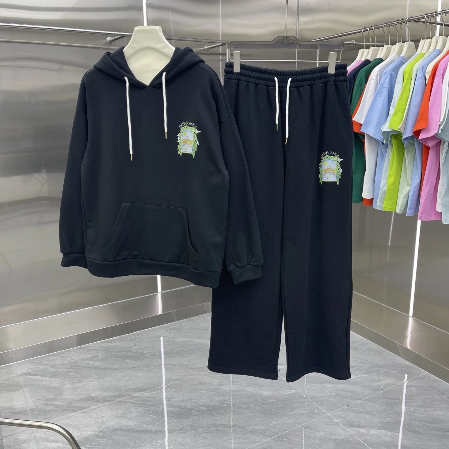 Casablanca Matching Sets Hooded sweatshirt and wide-leg sweatpants set with graphic print — Set-09 Black