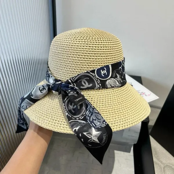 Chanel Straw Hat with Silk Scarf Band Beige - 1