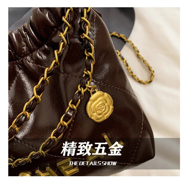 Chanel CHEAL Bucket Bag Black Patent Leather Chain Strap Handbags - 7