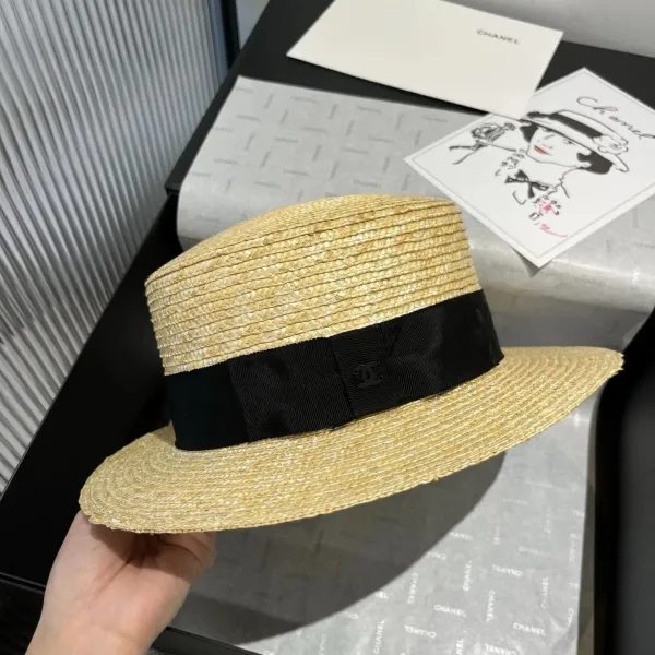 Chanel Straw Boater Hat with Black Ribbon and CC Logo - 1
