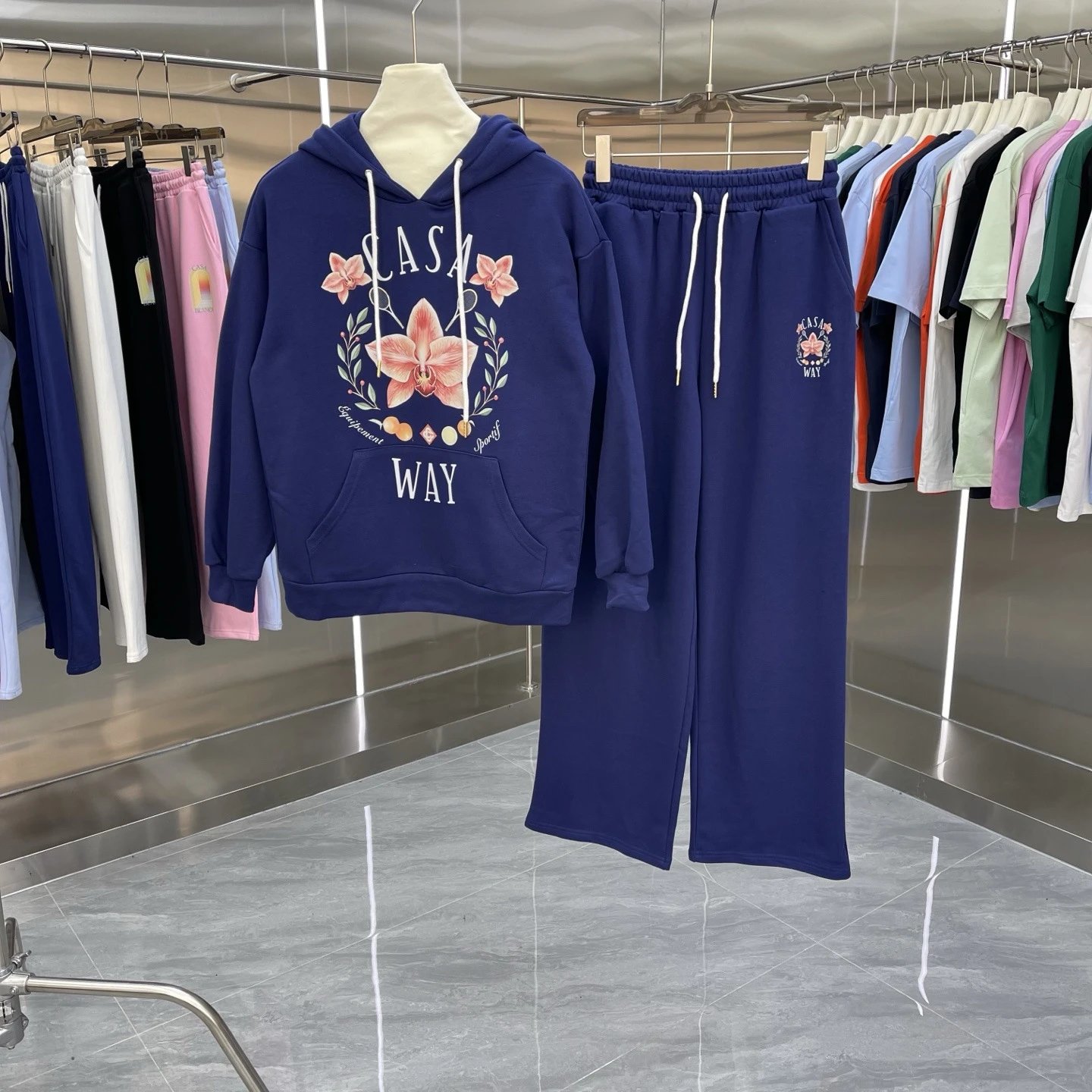 Casablanca Matching Sets Hooded sweatshirt and wide-leg sweatpants set with graphic print — Set-03 Royal blue