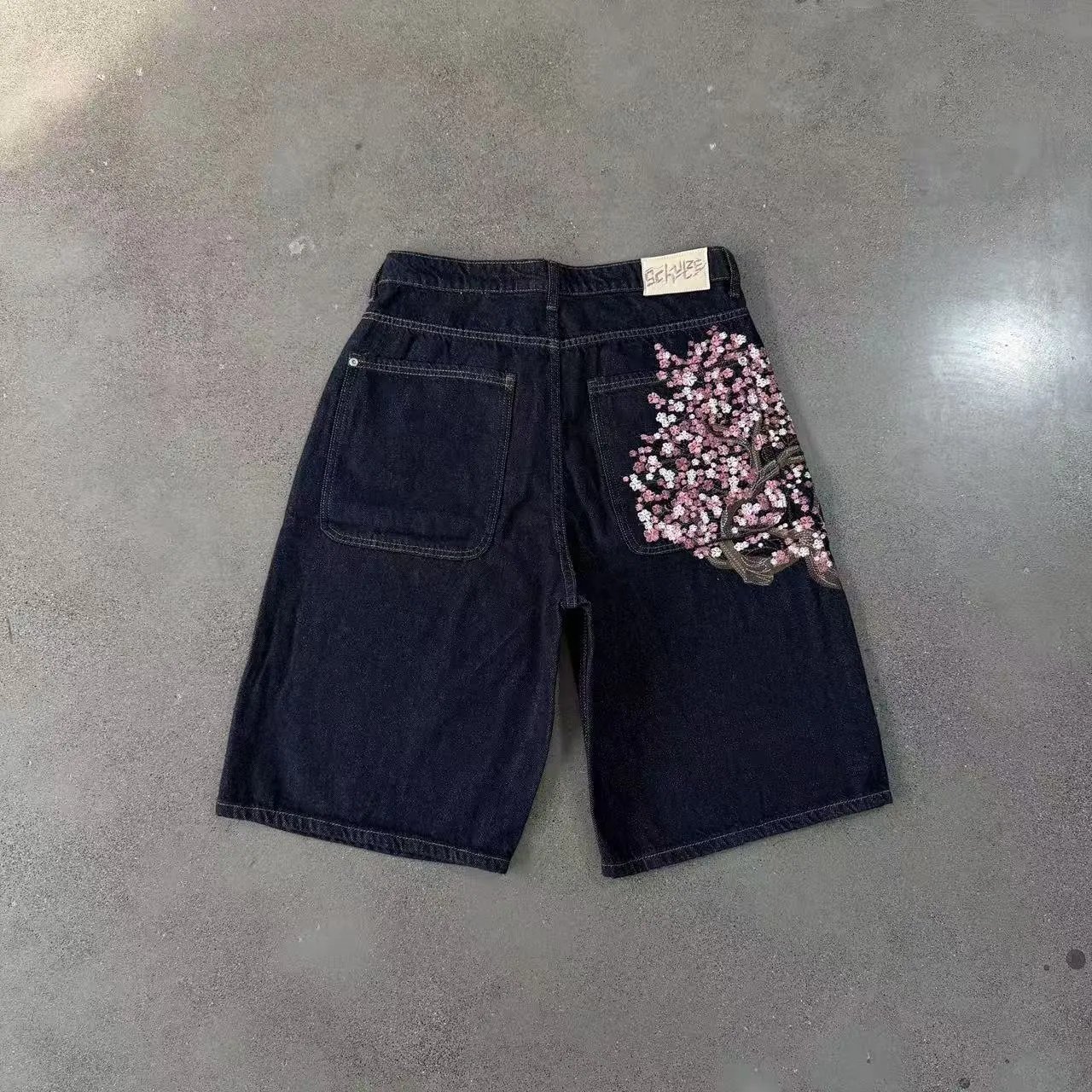 Derschutze Jeans Embroidered wide-leg — Cherry Blossom/Blue [Shorts】