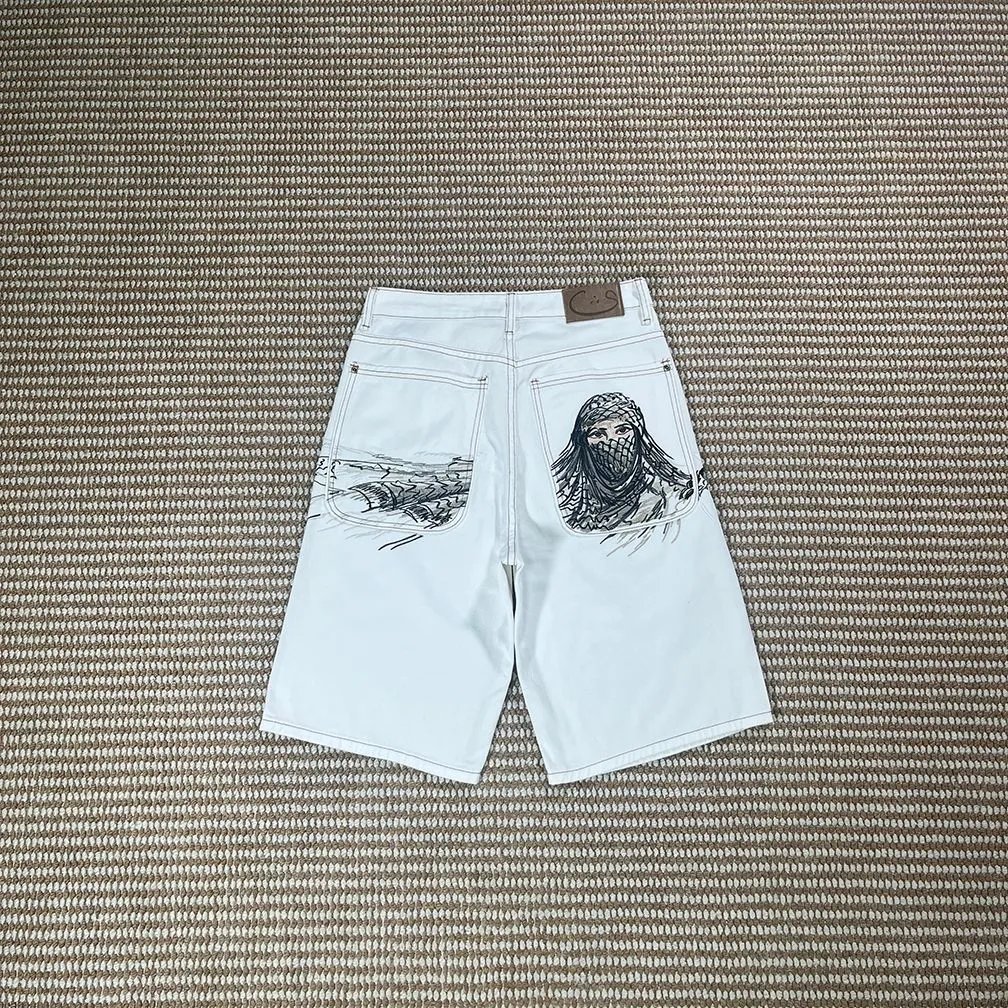 Derschutze Jeans Embroidered wide-leg — Masked Figure [Shorts]