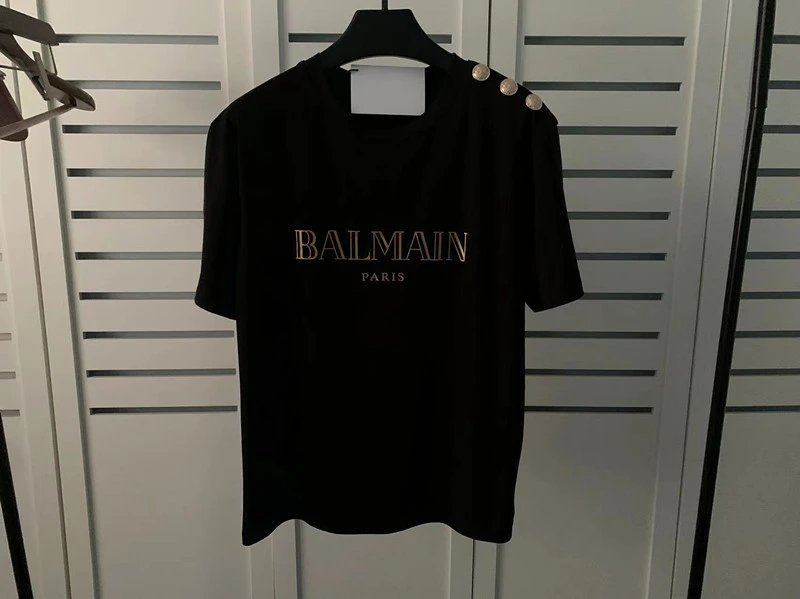 Balmain Logo Print Shoulder Stud Yellow T-Shirt - 8