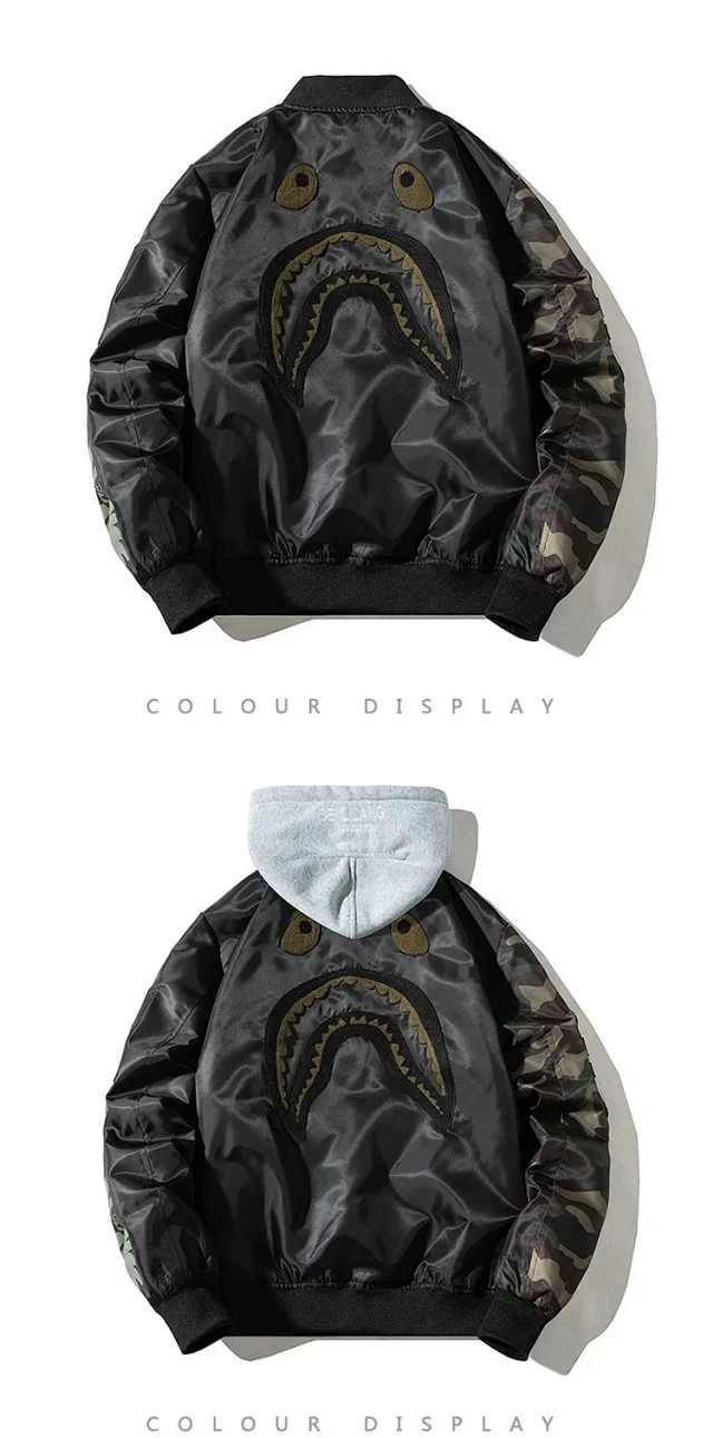 Undefeated Jackets Bomber Jacket with Camo Sleeves and Shark Embroidery product detail image 17