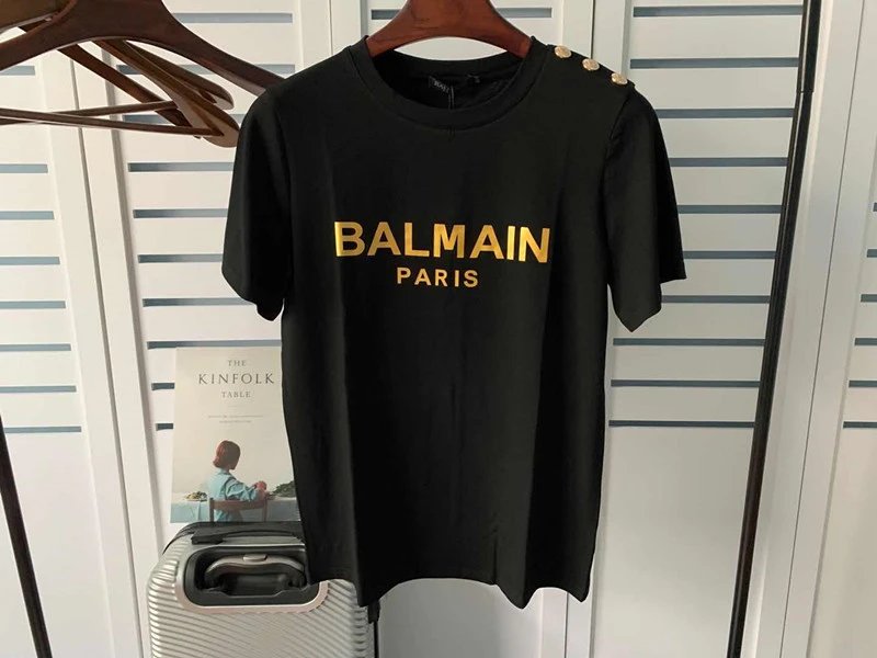 Balmain Logo Print Shoulder Stud Yellow T-Shirt - 34