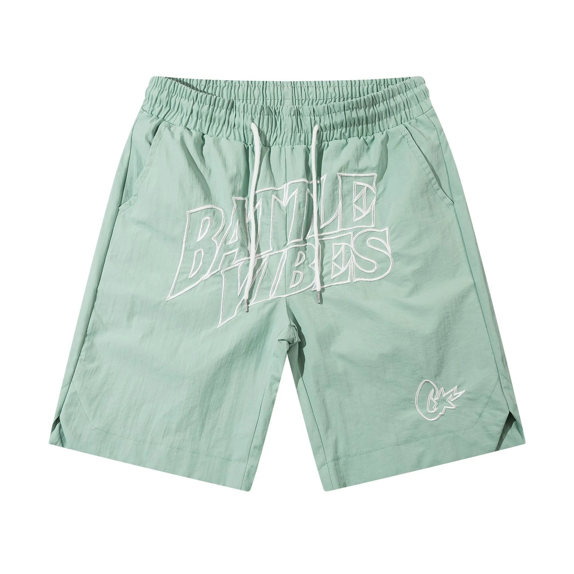 Unbranded Shorts Drawstring Mesh with Embroidered Graphic Lettering — 93 Green