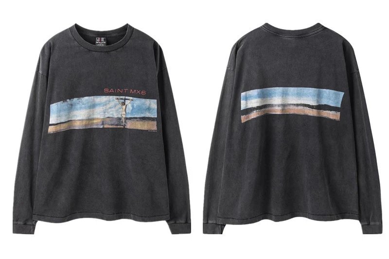 Unbranded Shirts Washed Graphic Long-Sleeve Crewneck Shirt — ST622 washed black